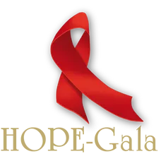 Logo der Hope Gala mit einer roten Schleife und dem Schriftzug 'Hope Gala' in goldener Schrift.