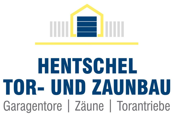 Das Logo von Hentschel Tor- und Zaunbau zeigt ein stilisiertes Torhaus mit Garagentoren sowie Zäune und Torantriebe.